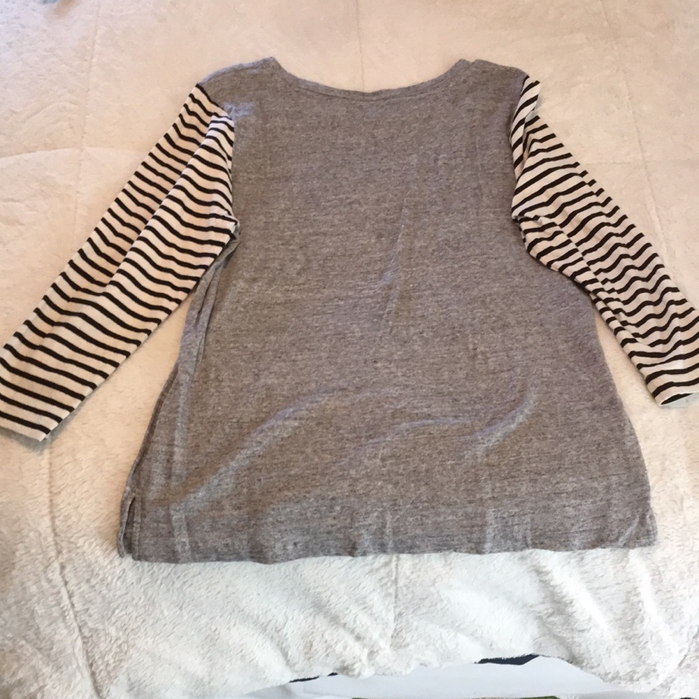 J Crew heather gray tee with black/white stripe sleeve - Picture 3 of 9